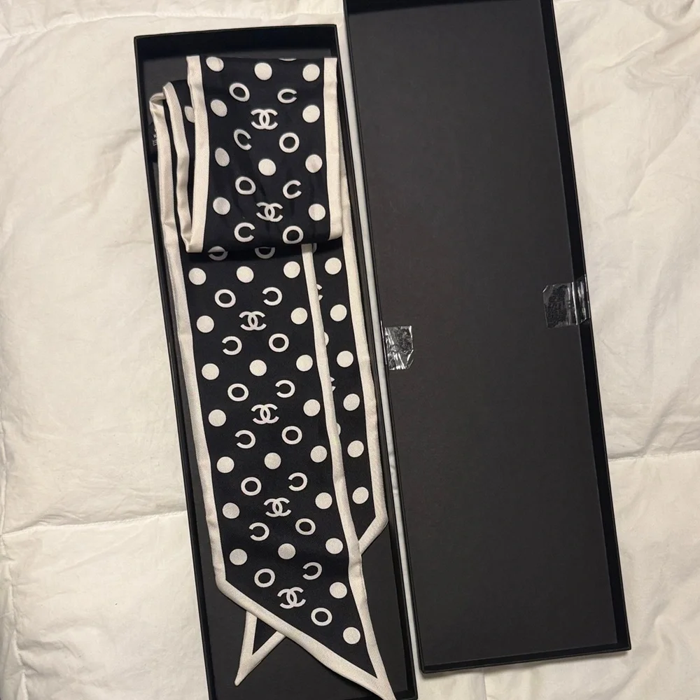 CHANEL Black and White Polka Dot Silk Twilly Scarf